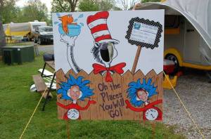 Sheila and Dave's Dr. Seuss-themed sign, with a cut out where campers could put their heads for a photo op. 